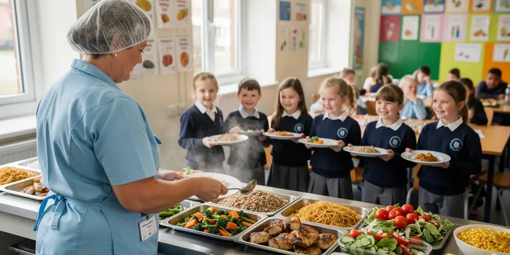 How are school meals provided in the UK?