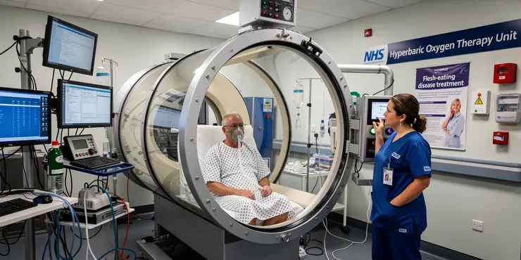 What is the role of hyperbaric oxygen therapy in treating flesh-eating disease?