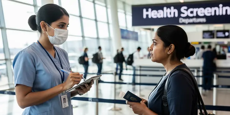What symptoms are checked during airport screening after travelling to an outbreak area?
