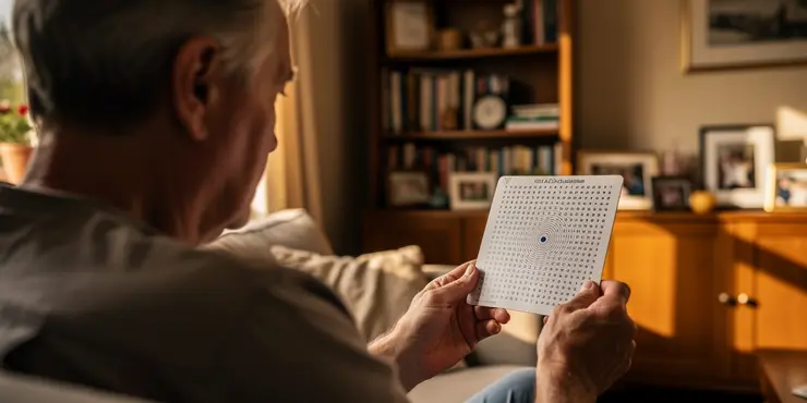 What types of self-tests are available for eye patients?